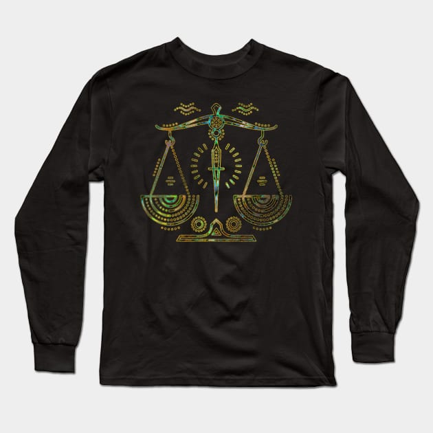 Libra Zodiac Gold Abalone Long Sleeve T-Shirt by Nartissima